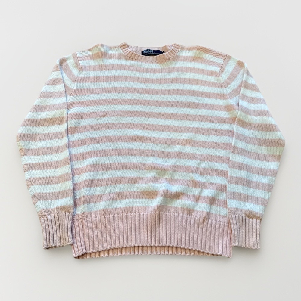 Vintage Polo Ralph Lauren Sweater‎ Mens L Pink Striped Knit Cotton Crewneck